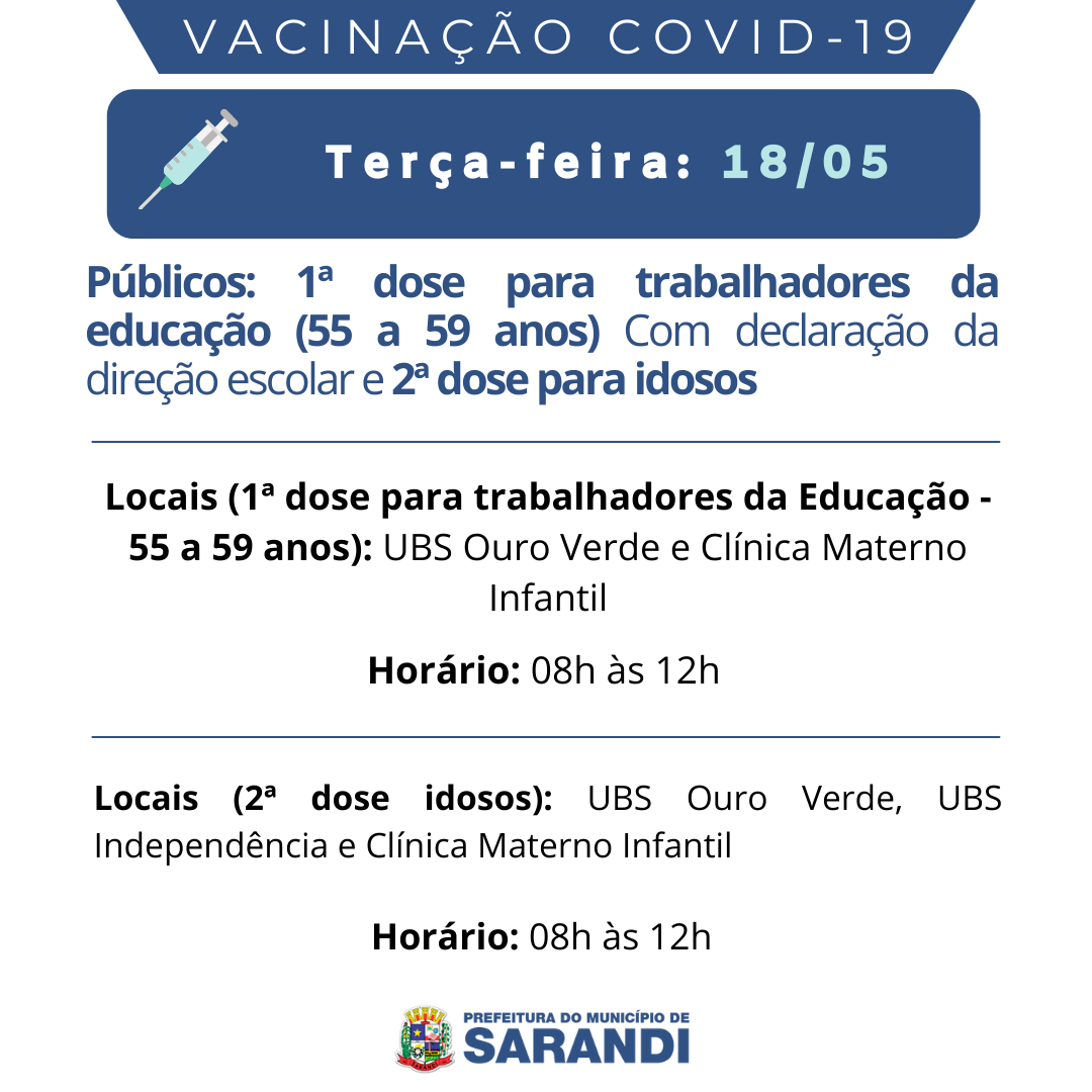 Cronograma de Vacinação contra Covid-19 - Terça-feira - 18/05/2021